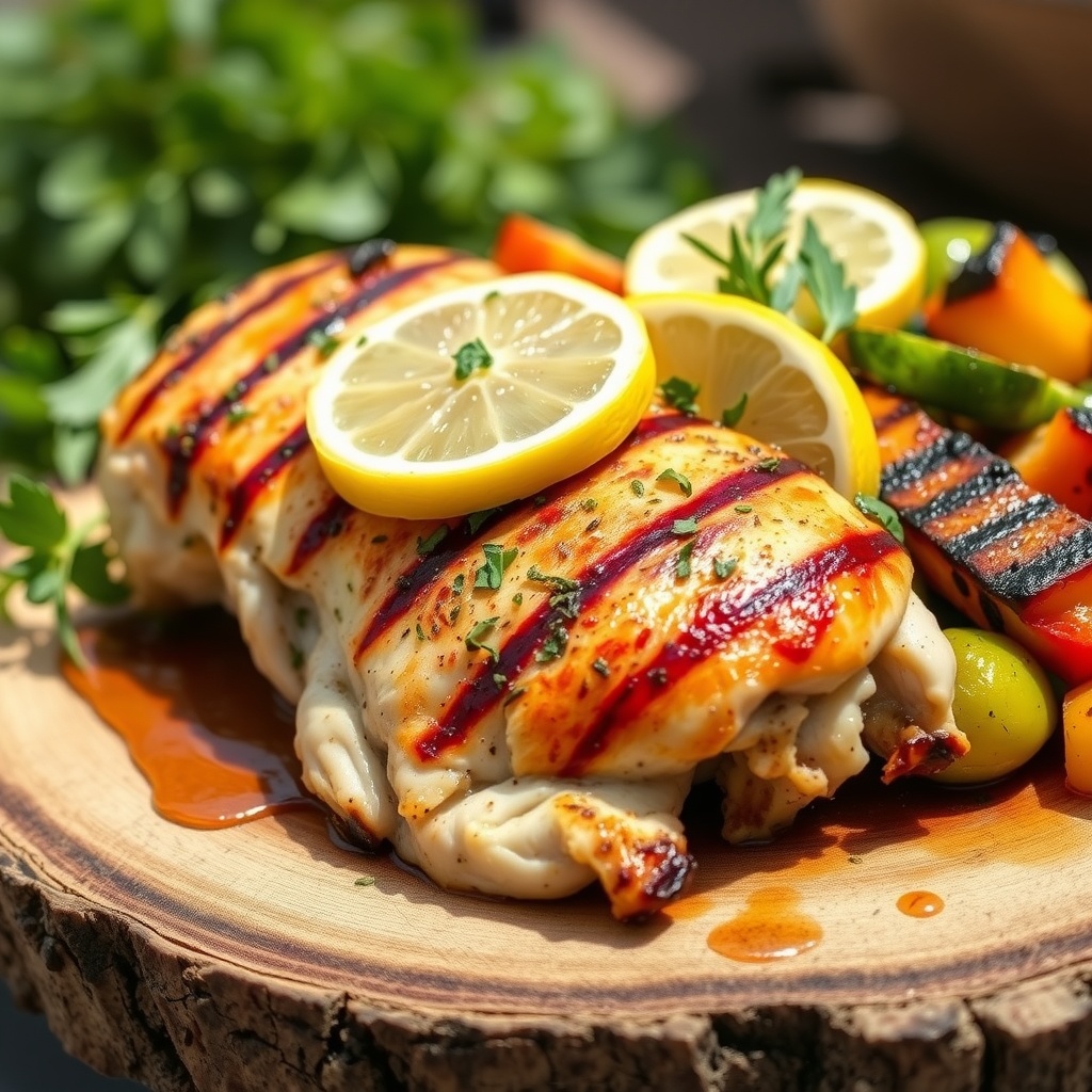 Grilled lemon herb chicken breast served with lemon slices and grilled vegetables on a rustic plate.